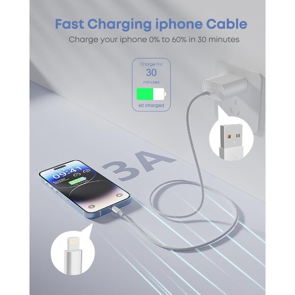 iPhone Charger 3pack 10FT Apple MFi Certified Long Lightning Cable Fast Charging - Picture 2 of 7